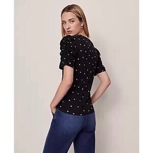 Ann Taylor Black White Polka Dot Ruffle Neck Short Sleeve Blouse - Size M